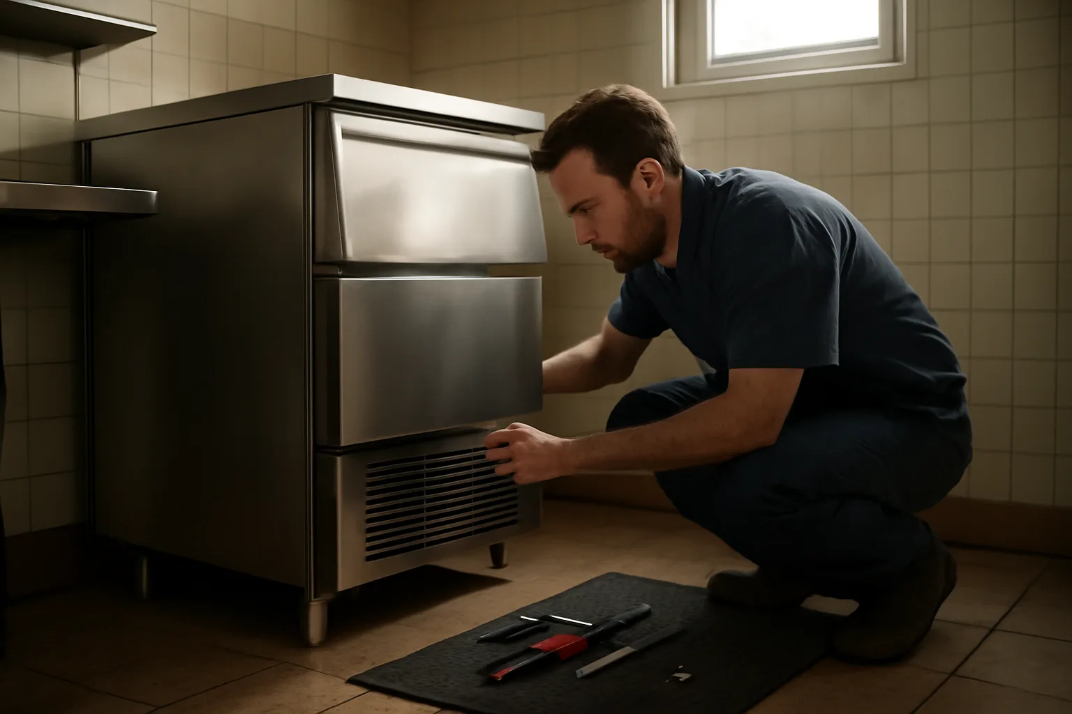 Ice-machine technician working on a commercial unit in a Utah restaurant kitchen
