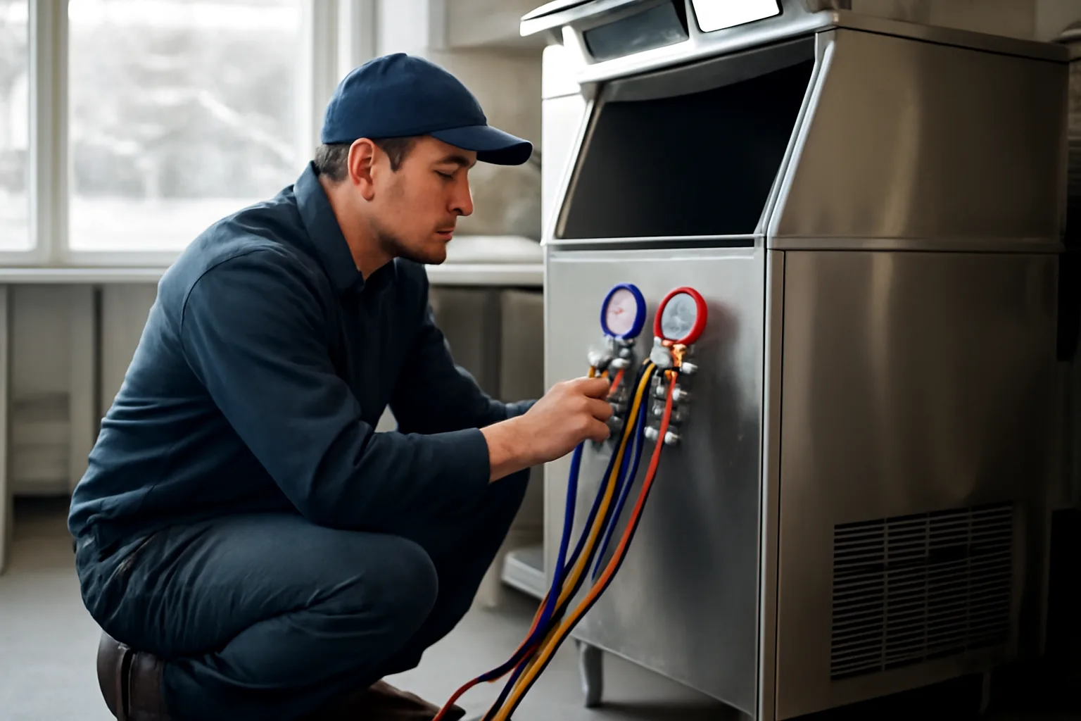 Refrigeration technician connecting manifold gauges to a commercial ice machine in a Vermont kitchen